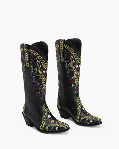 Retro Flower Embroidered Mid Calf Western Boots