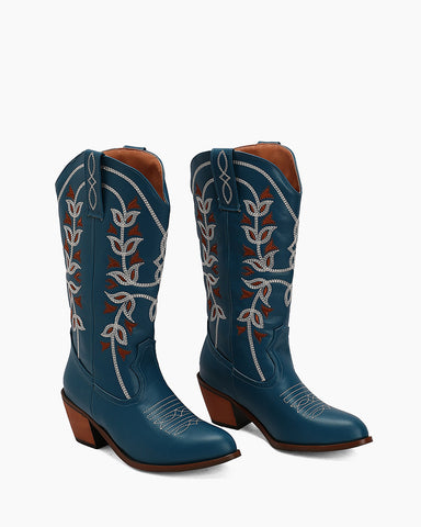 Colorblock Mid Calf Embroidered Western Cowboy Boots