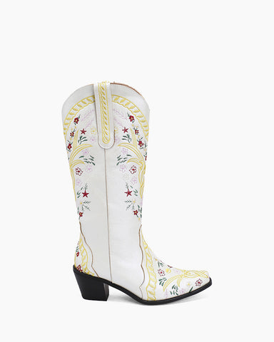 Retro Flower Embroidered Mid Calf Western Boots