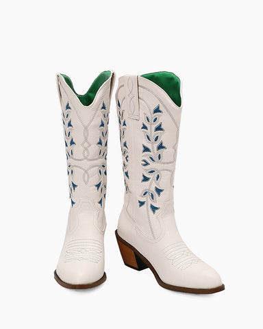 Retro Flower Embroidered Mid Calf Western Boots