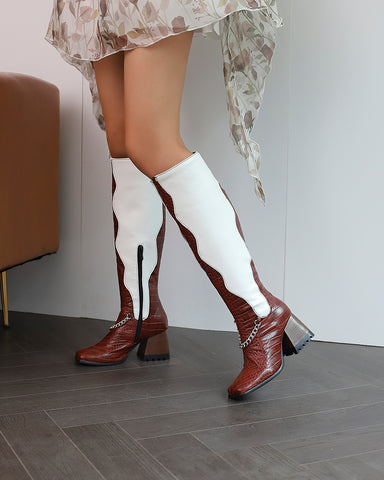 Color-Block Design Wide Calf Cowboy Western Boots