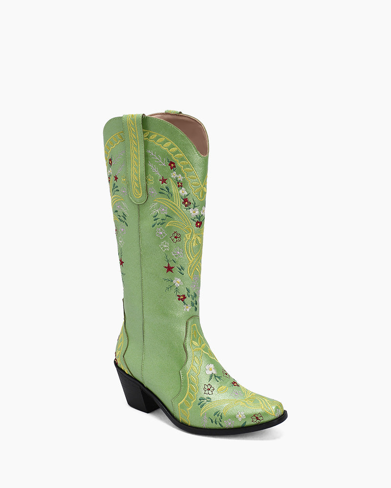 Retro Flower Embroidered Mid Calf Western Boots