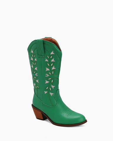 Colorblock Mid Calf Embroidered Western Cowboy Boots