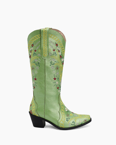 Retro Flower Embroidered Mid Calf Western Boots