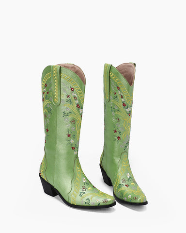 Retro Flower Embroidered Mid Calf Western Boots