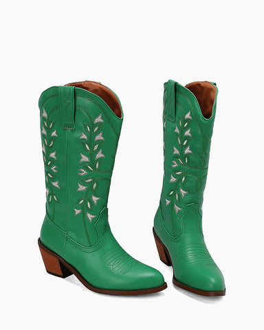 Colorblock Mid Calf Embroidered Western Cowboy Boots