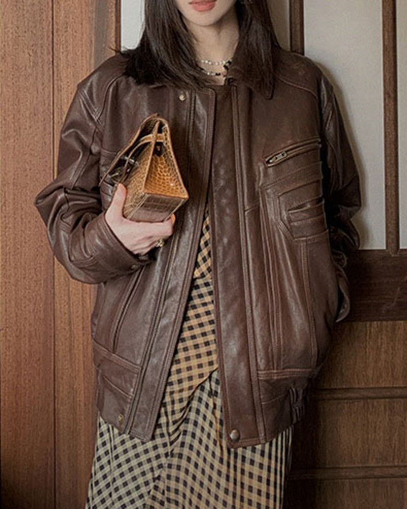 Lapel-collared Cropped Sheepskin Jacket