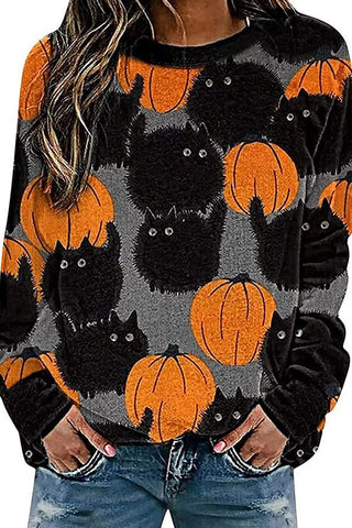 Halloween Pumpkin Black Cat Print Crew Neck Sweatshirt