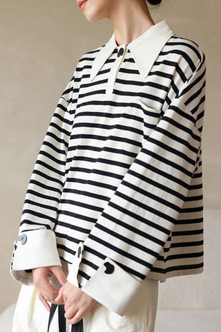 Rugby Stripe Loose Fit Polo Neck T-shirt