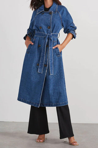 Denim Cotton Solid Color Double Pocket Long Coat