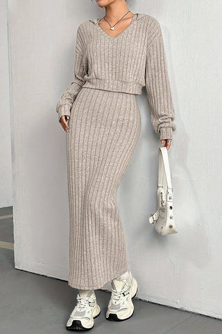 Knitted Long Sleeved Suit Hooded Sweater Dress Two-piece Suit