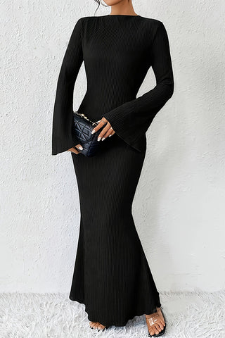 Understated Glam Crew Neck Ruffle Long Sleeve Slim Fit Dress