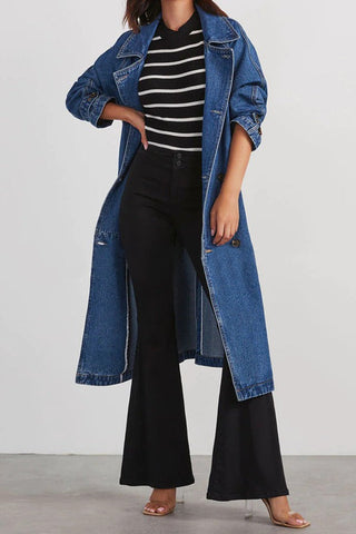 Denim Cotton Solid Color Double Pocket Long Coat