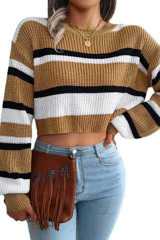 Striped Belly-baring Knitted Long-sleeved Sweater