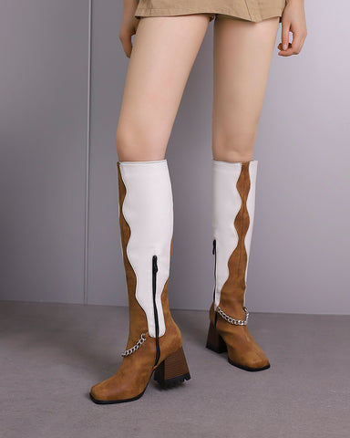 Color-Block Design Wide Calf Cowboy Western Boots