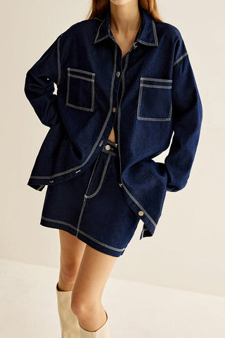 Retro Shirt Collar Denim Top & Skirt Set