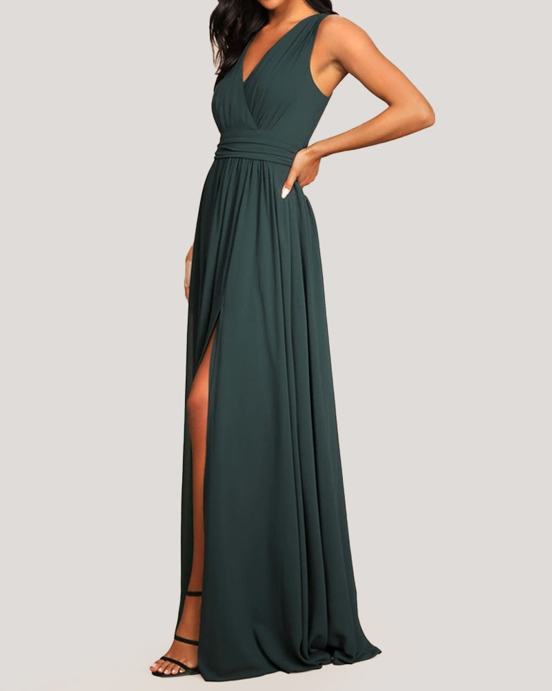 Emerald Green Surplice Sleeveless Slit Maxi Dress