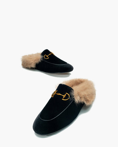 Alina Velvet Backless Fur Slip-on Comfort Mules