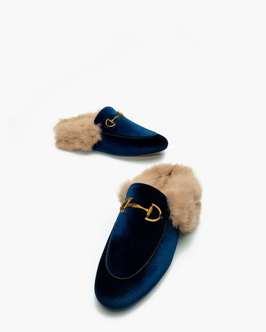 Alina Velvet Backless Fur Slip-on Comfort Mules