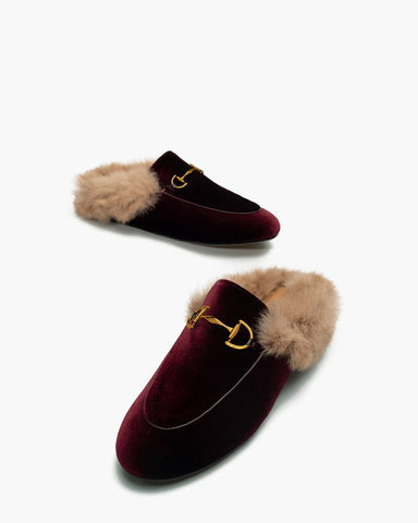 Alina Velvet Backless Fur Slip-on Comfort Mules