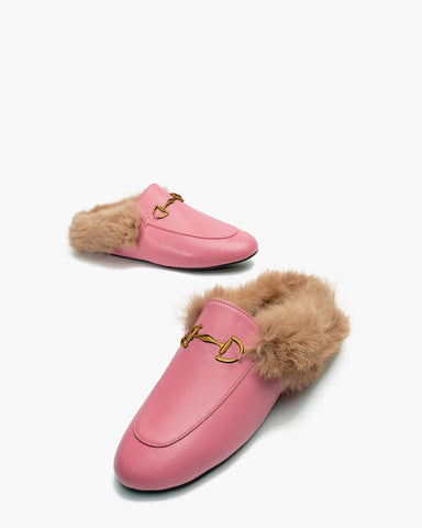 Alina Elegant Leather Backless Fur Slip-On Mules