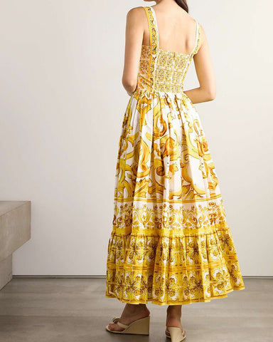 Vintage Sleeveless Baroque Print Midi Dress
