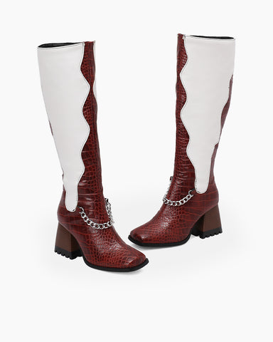 Color-Block Design Wide Calf Cowboy Western Boots