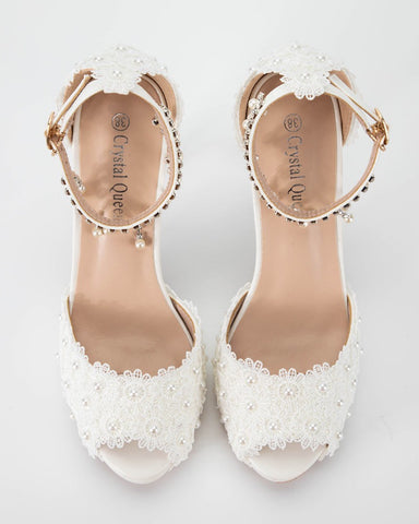 Fish Mouth Lace Beaded High Heeled Sandals