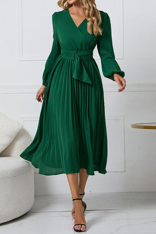 Effortless Elegance V-neck Puff Sleeve Pleated Dress