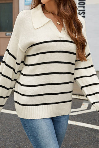 Striped Lapel Pullover Knitted Polo Sweater