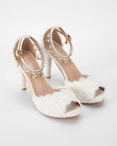 Fish Mouth Lace Beaded High Heeled Sandals