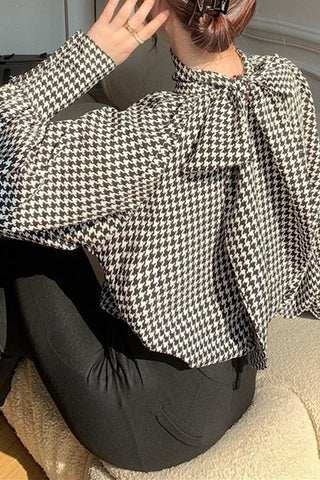 Houndstooth Bow Balloon Sleeve Shirt Top