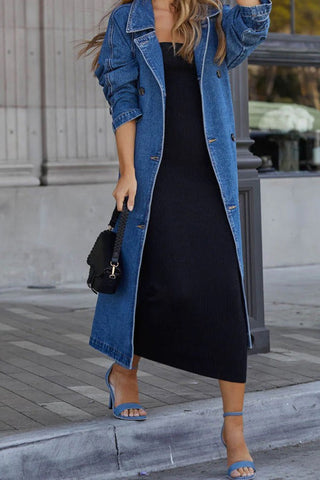 Denim Cotton Solid Color Double Pocket Long Coat