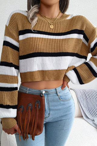 Striped Belly-baring Knitted Long-sleeved Sweater