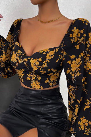 Floral Print Long Sleeve U-Neck Cropped Top