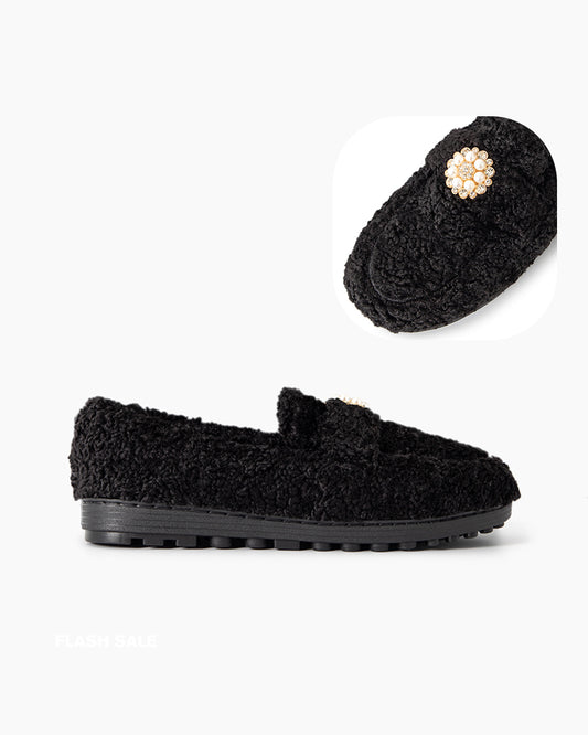 Pearl-Embellished Elegant Fuzzy Flat Loafers