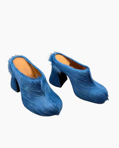 Designer Real Fur Chunky High Heel Mules