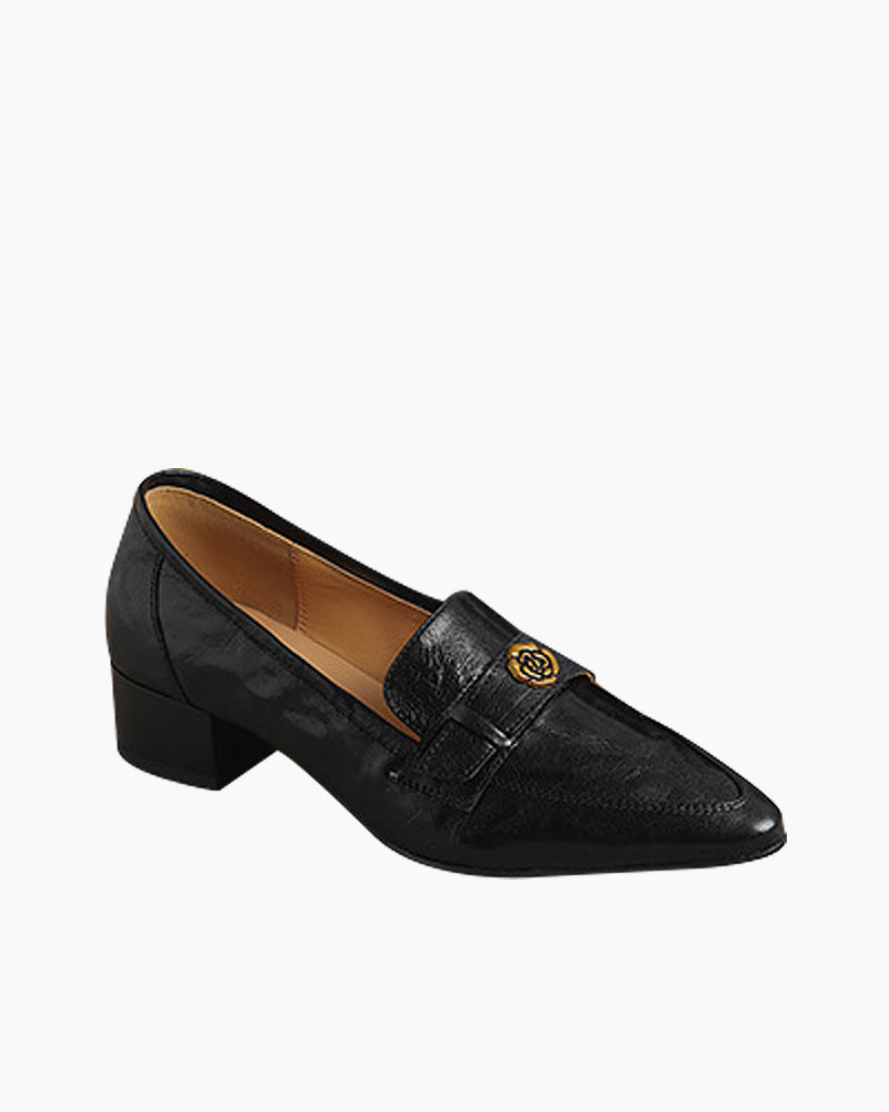 Pointed Toe Camellia Retro Thick Mid-Heel Loafers