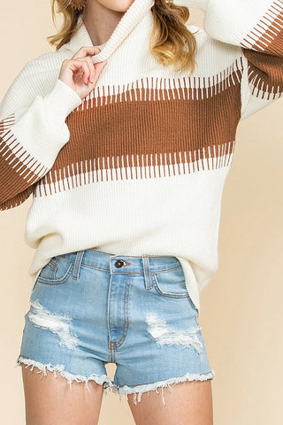 Contrast Color High Collar Patchwork Pullover Sweater