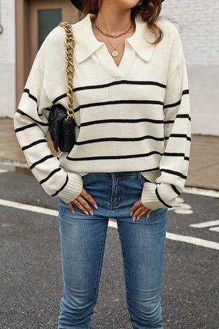 Striped Lapel Pullover Knitted Polo Sweater