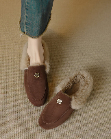 Suede and Rabbit Fur Round-toe Mules