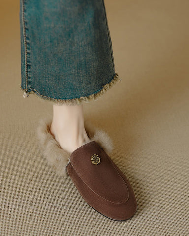 Suede and Rabbit Fur Round-toe Mules