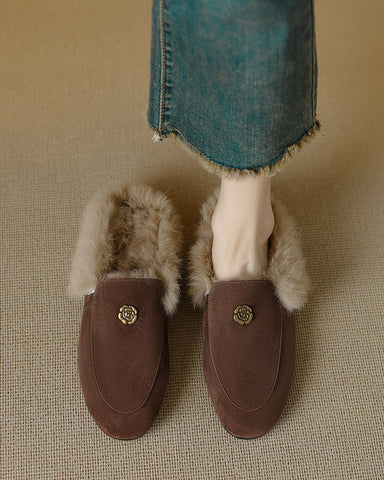 Suede and Rabbit Fur Round-toe Mules