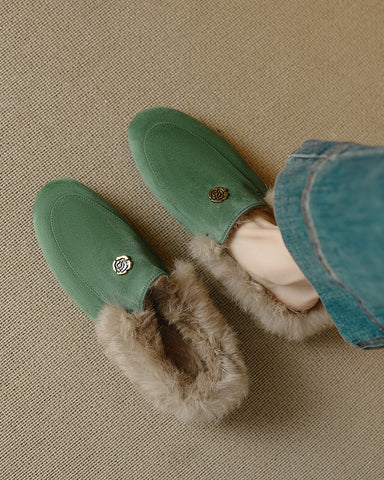 Suede and Rabbit Fur Round-toe Mules