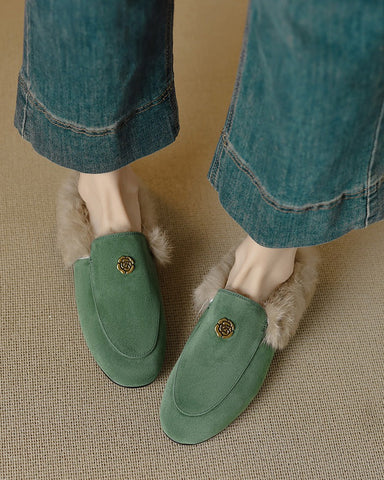 Suede and Rabbit Fur Round-toe Mules