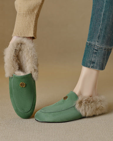 Suede and Rabbit Fur Round-toe Mules