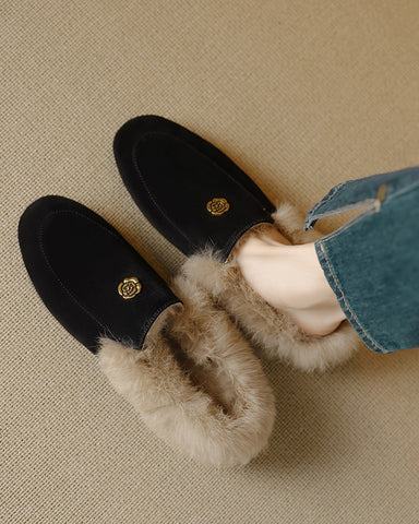 Suede and Rabbit Fur Round-toe Mules