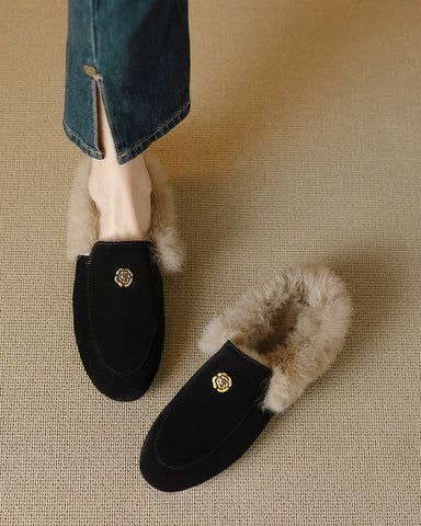 Suede and Rabbit Fur Round-toe Mules