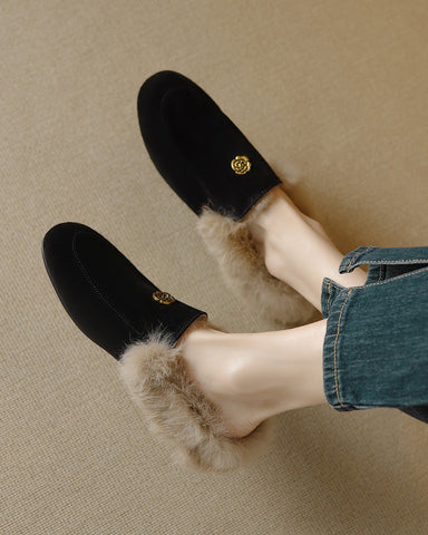 Suede and Rabbit Fur Round-toe Mules