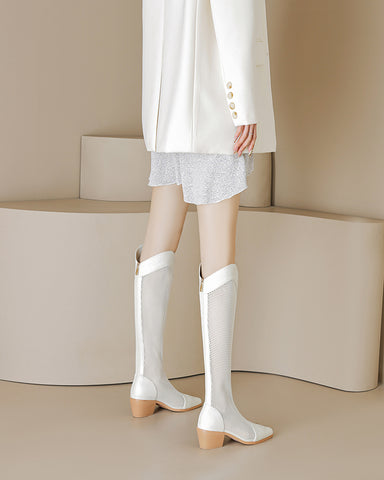 Mesh Knee High Block Heels Boots